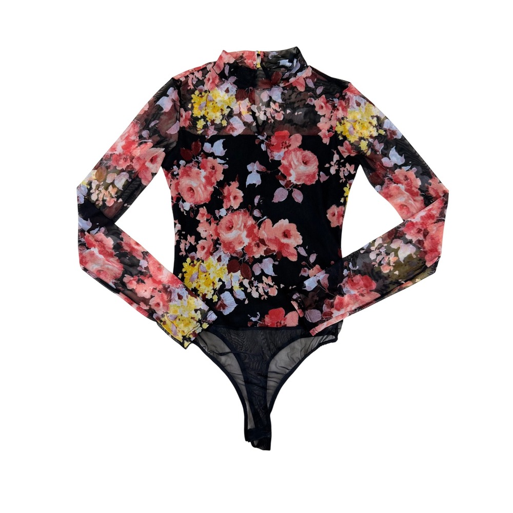 Lulus Totally a Vibe Black Floral Print Mesh Long Sleeve Bodysuit Size S EUC